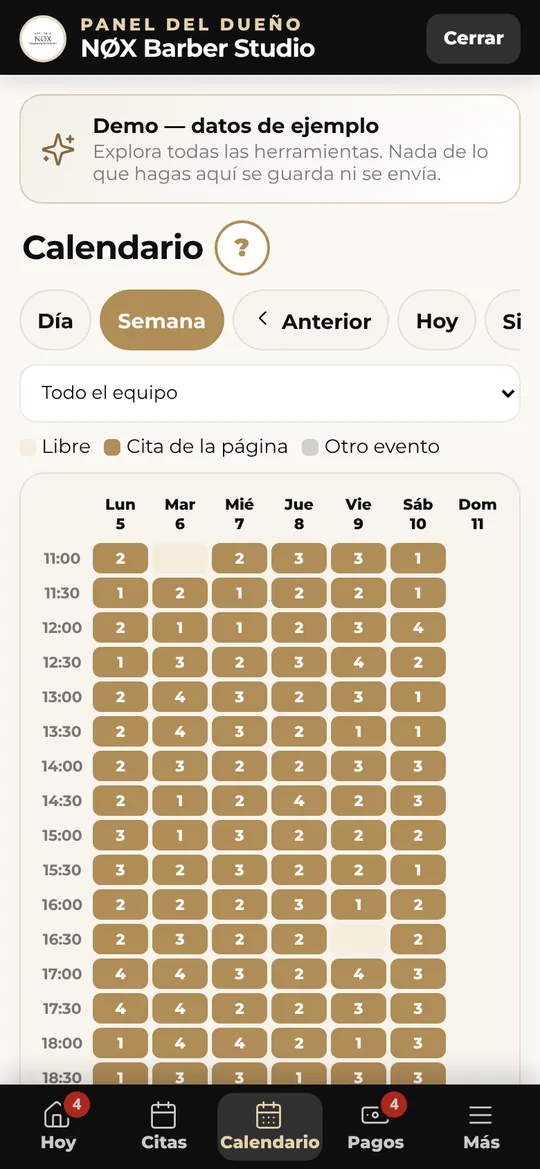 Calendario semanal del panel