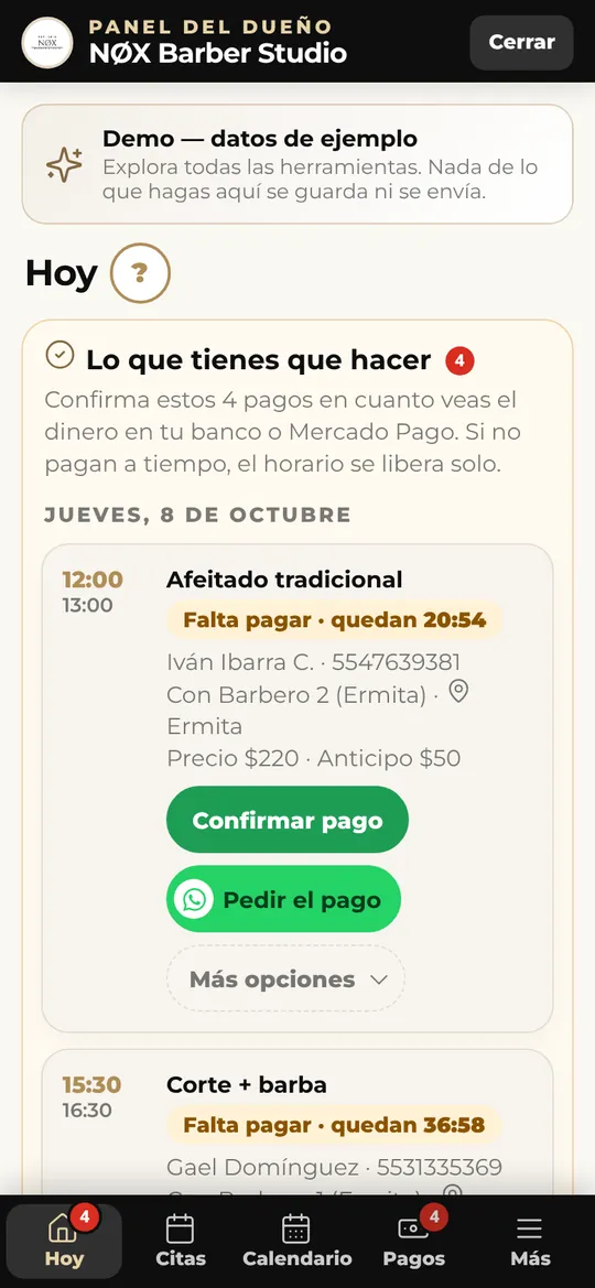 Panel del dueño: citas de hoy y pendientes